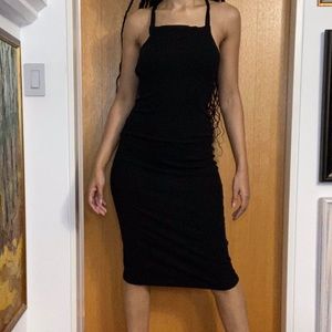 reformation black ribbed body con midi dress
